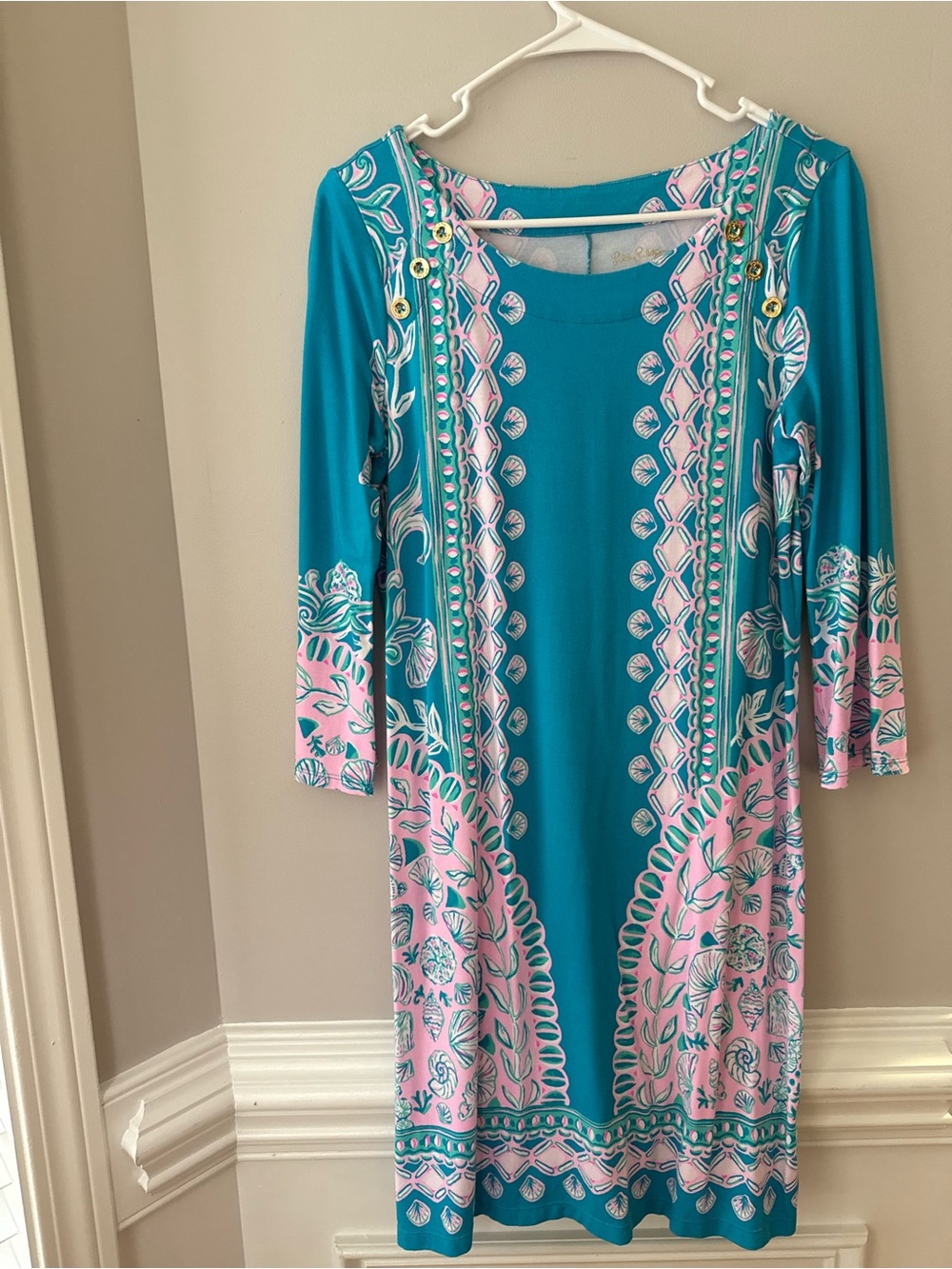 Lilly Pulitzer Teal & Pink Printed Long-Sleeve Dress Size S